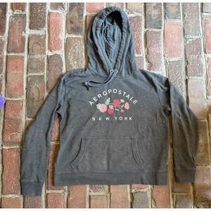 Aeropostale NY Women's Gray Floral‎ Hoodie Size L Kangaroo Pocket Pullover Aero